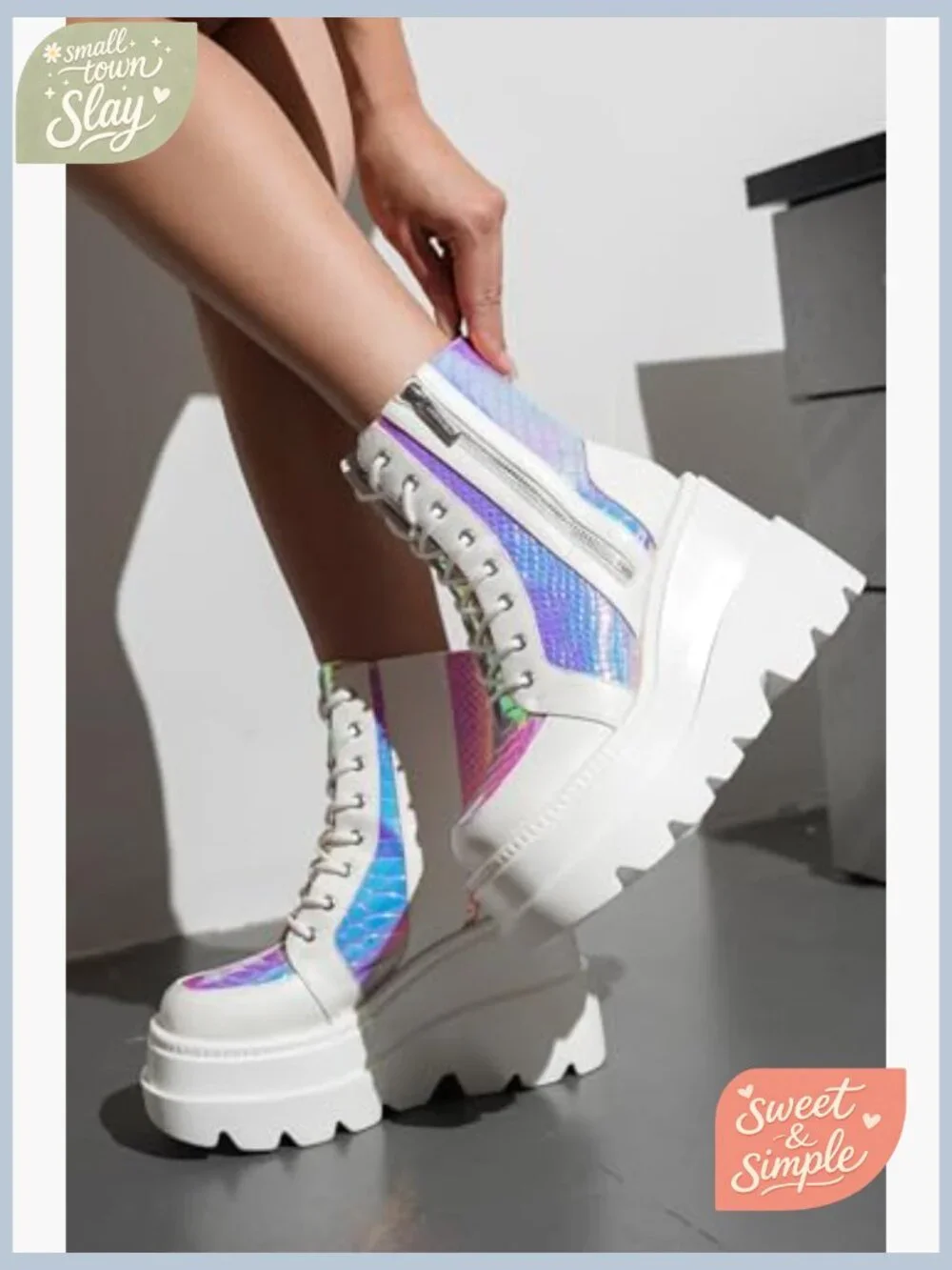 Holographic Platform Ankle Boots Chunky Heel Lace Up Zipper - Picture 3 of 7